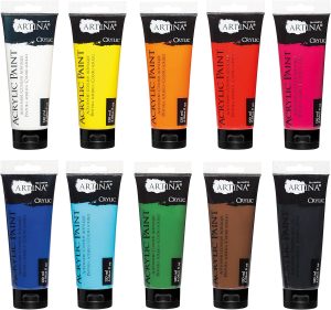 Artina Crylic 10 x 120ml Acrylfarben Set - 10 Farben hochwertige Künstlerfarben Acryl Farben Set - Acrylfarbe für Hobby-Künstler & Profis, Malfarbe für Leinwand, Holz, Steine etc.