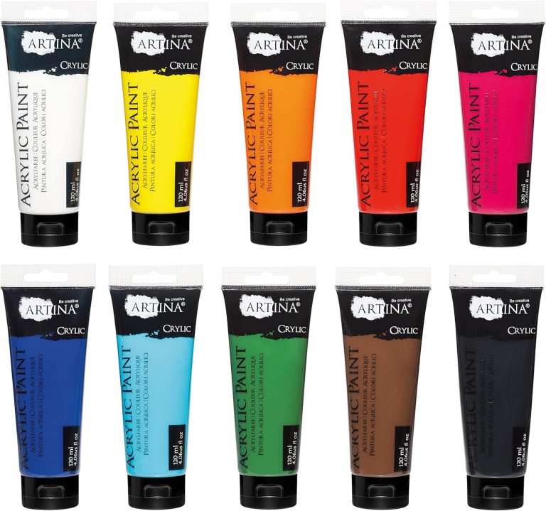 Artina Crylic 10 x 120ml Acrylfarben Set – 10 Farben hochwertige Künstlerfarben Acryl Farben Set – Acrylfarbe für Hobby-Künstler & Profis, Malfarbe für Leinwand, Holz, Steine etc.