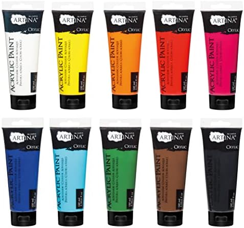 Artina Crylic 10 x 120ml Acrylfarben Set – 10 Farben hochwertige Künstlerfarben Acryl Farben Set – Acrylfarbe für Hobby-Künstler & Profis, Malfarbe für Leinwand, Holz, Steine etc.