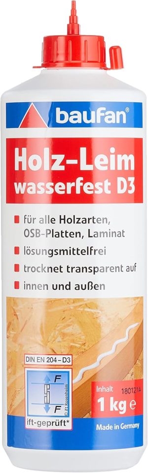 Baufan Holzleim D3, wasserfest & für alle handelsüblichen Holzarten, 1 kg, transparent