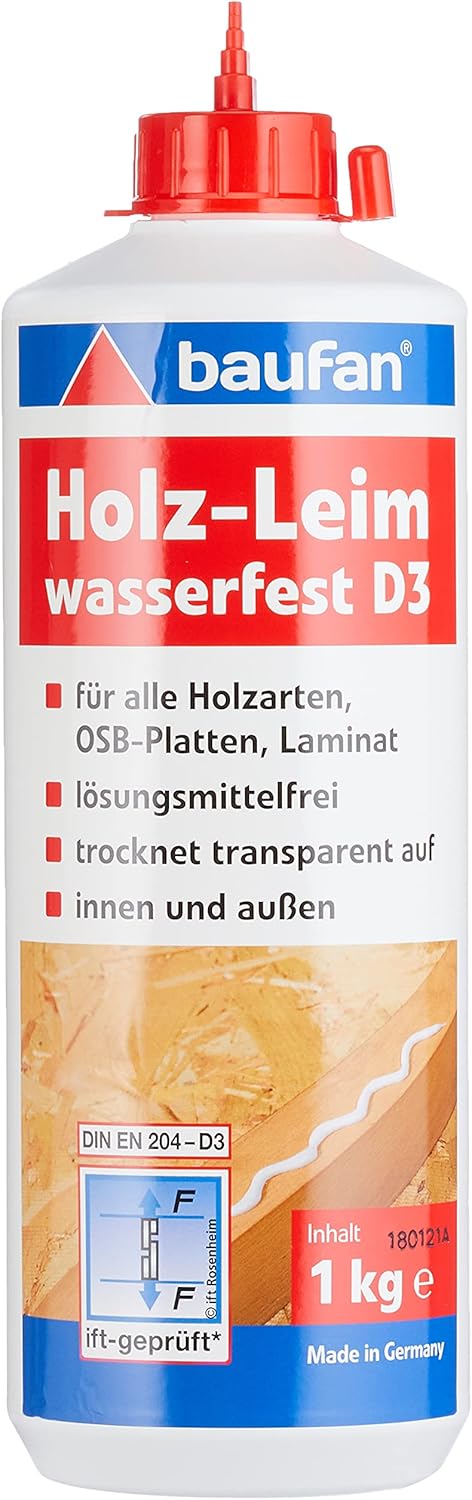 Baufan Holzleim D3, wasserfest & für alle handelsüblichen Holzarten, 1 kg, transparent