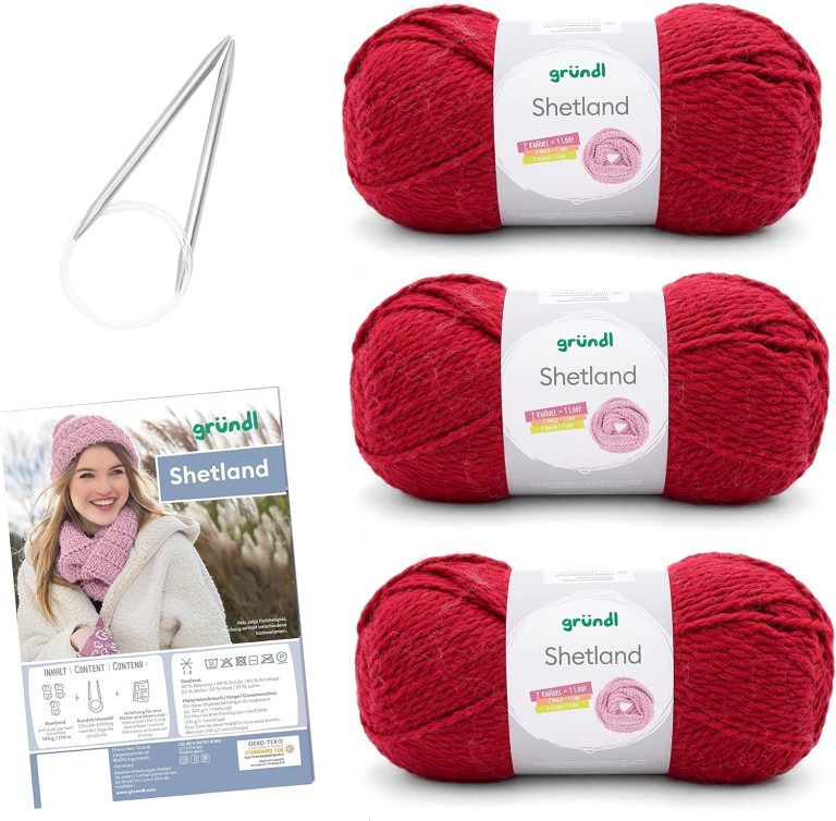 Gründl Strickset 3 x 100 g Shetland Wolle Strickgarn + Nadel 7 – 8 + Anleitung zum selber Stricken, 30 x 20 x 8 cm, rot