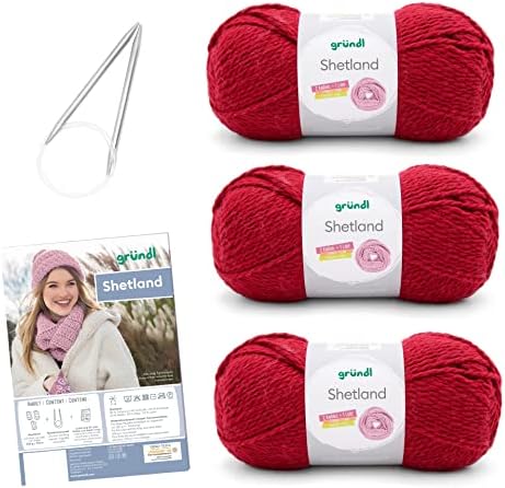 Gründl Strickset 3 x 100 g Shetland Wolle Strickgarn + Nadel 7 – 8 + Anleitung zum selber Stricken, 30 x 20 x 8 cm, rot