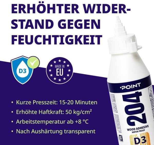 Holz Leim – Starker D3-Pva-Kleber 500 ml – Ultrastarker Holzleim Wasserfest für Möbel Hartholz Sperrholz Mdf & mehr – Schnell Trocknender Pva Holzleim Transparent – Heimwerkerbedarf von Point – Bild 3